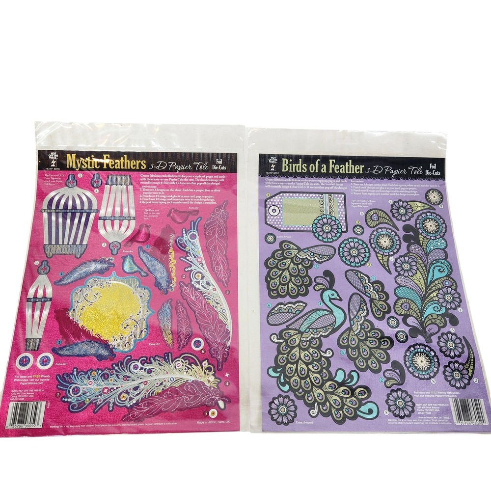 3D Papier Tole Foil Die-Cuts Lot 2 Hot Off The Press Multicolor Feathers Birds